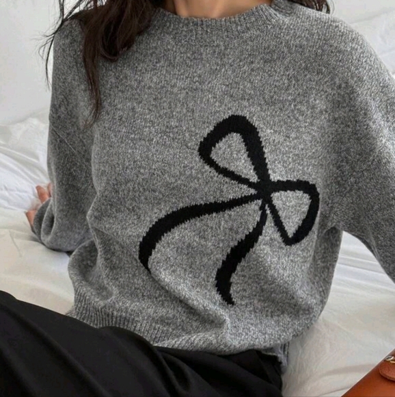 Women Bow Jacquard Pullover Knit Sweater - Picture 3 of 4